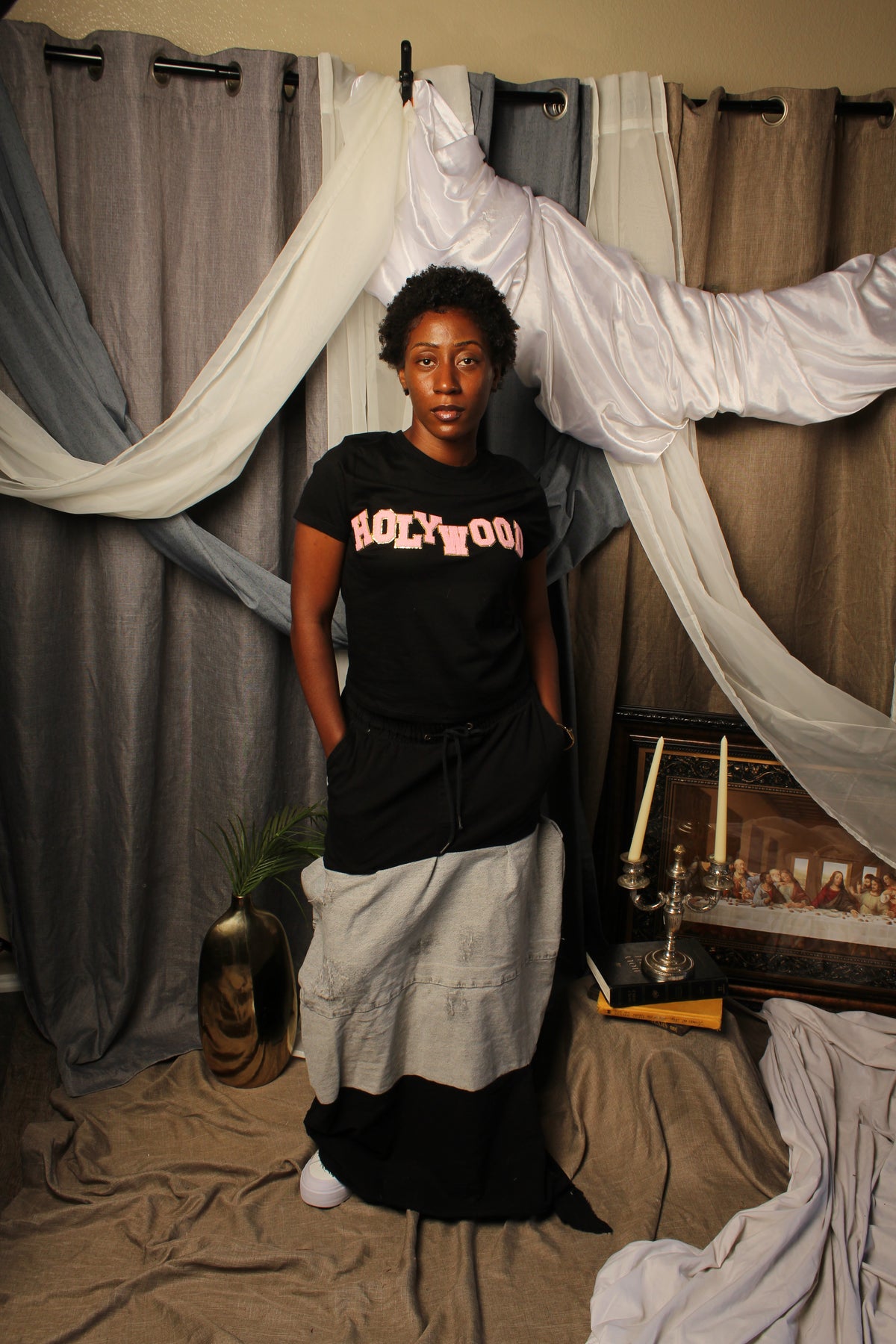 Black and Denim Long Skirt